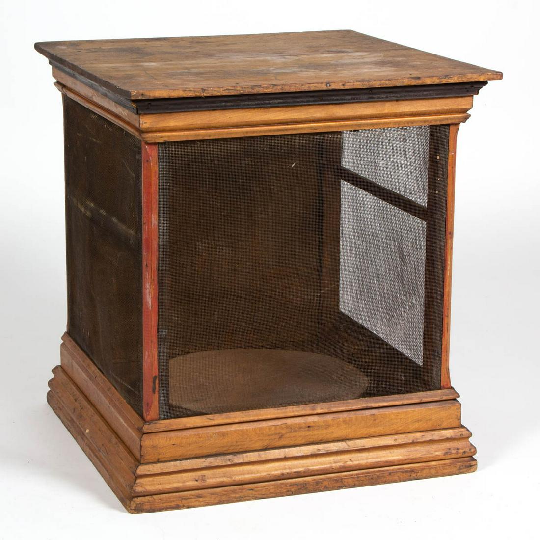 AMERICAN COUNTRY STORE COUNTER-TOP PINE SCREENED-IN PIE: AMERICAN COUNTRY STORE COUNTER-TOP PINE SCREENED-IN PIE SAFE, applied molded cornice above tambour door, lower with applied moldings. Poplar secondary wood. Old surface with traces of red paint. First