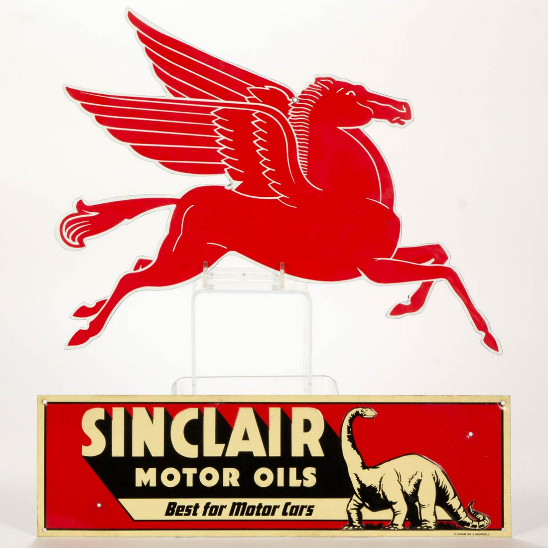 VINTAGE MOBILGAS PEGASUS ADVERTISING SIGN: VINTAGE MOBILGAS PEGASUS ADVERTISING SIGN, NOS, with vibrant color. Together with a Sinclair embossed tin one-sided sign. Two pieces total. Mid 20th century. 15" LOA hoof to hoof. Pegasus in excellent