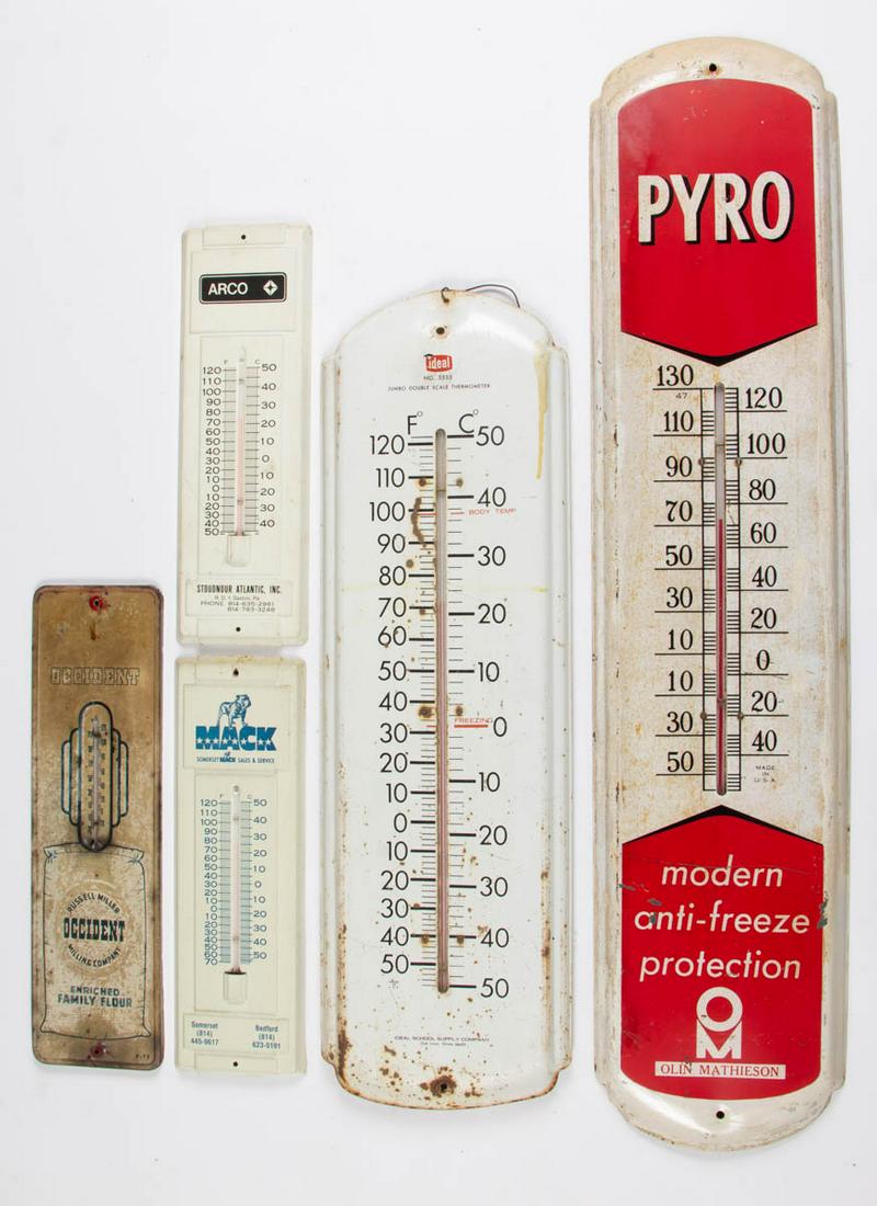 ASSORTED VINTAGE TIN ADVERTISING THERMOMETERS, LOT OF: ASSORTED VINTAGE TIN ADVERTISING THERMOMETERS, LOT OF FIVE, including Pyro antifreeze and Mack truck examples. 20th century. Pyro 36 1/2" x 8 1/4". As-found condition with minor to heavy wear and disc