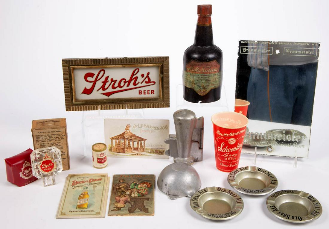 ASSORTED BREWERY ADVERTISING ARTICLES, LOT OF 13: ASSORTED BREWERY ADVERTISING ARTICLES, LOT OF 13, including Lemp Brewing Co. "FALSTAFF" two-sided flip trade card, "Schoenling" wax cup, two Schlitz ice cream molds, and "Braumeister" mirror. 20th cen
