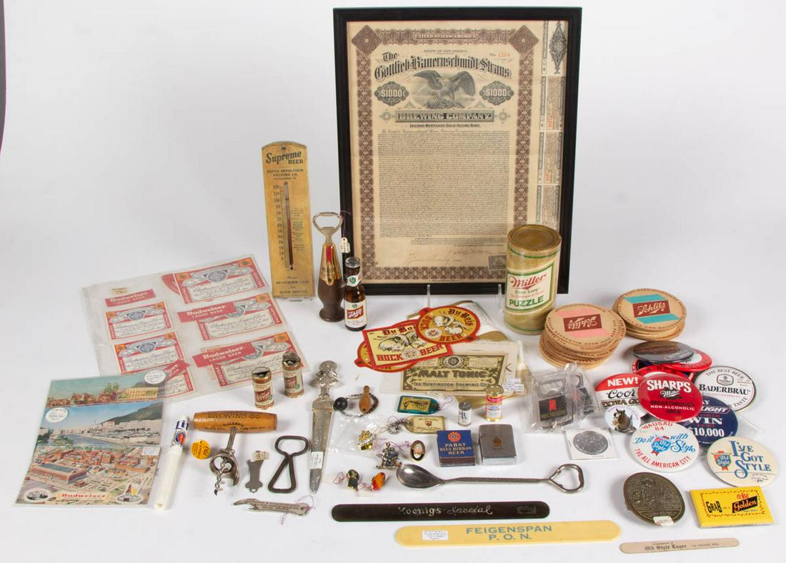 ASSORTED BREWERY / BEER ADVERTISING ARTICLES: ASSORTED BREWERY / BEER ADVERTISING ARTICLES, uncounted lot, including "Miller High Life" puzzle, "Supreme Beer" thermometer, "MINNEAPOLIS BREWING CO." bottle opener, "Stroh's" Zippo lighter, "Schlitz