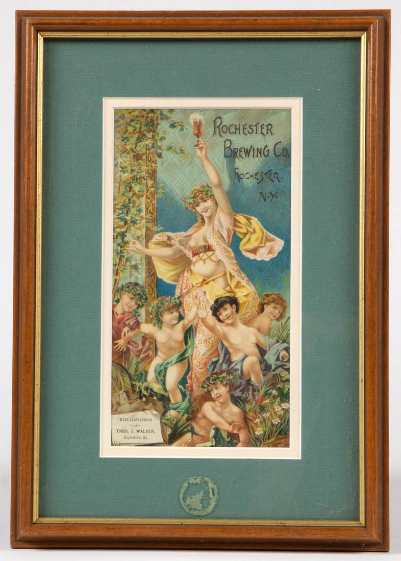 ROCHESTER BREWING CO., ROCHESTER, NEW YORK ADVERTISING: ROCHESTER BREWING CO., ROCHESTER, NEW YORK ADVERTISING ITEM, lithograph, depicting a semi-nude figure of a woman with dancing cherubs, for wholesale business "THOS. J. WALKER / Hagerstown, Md." Housed