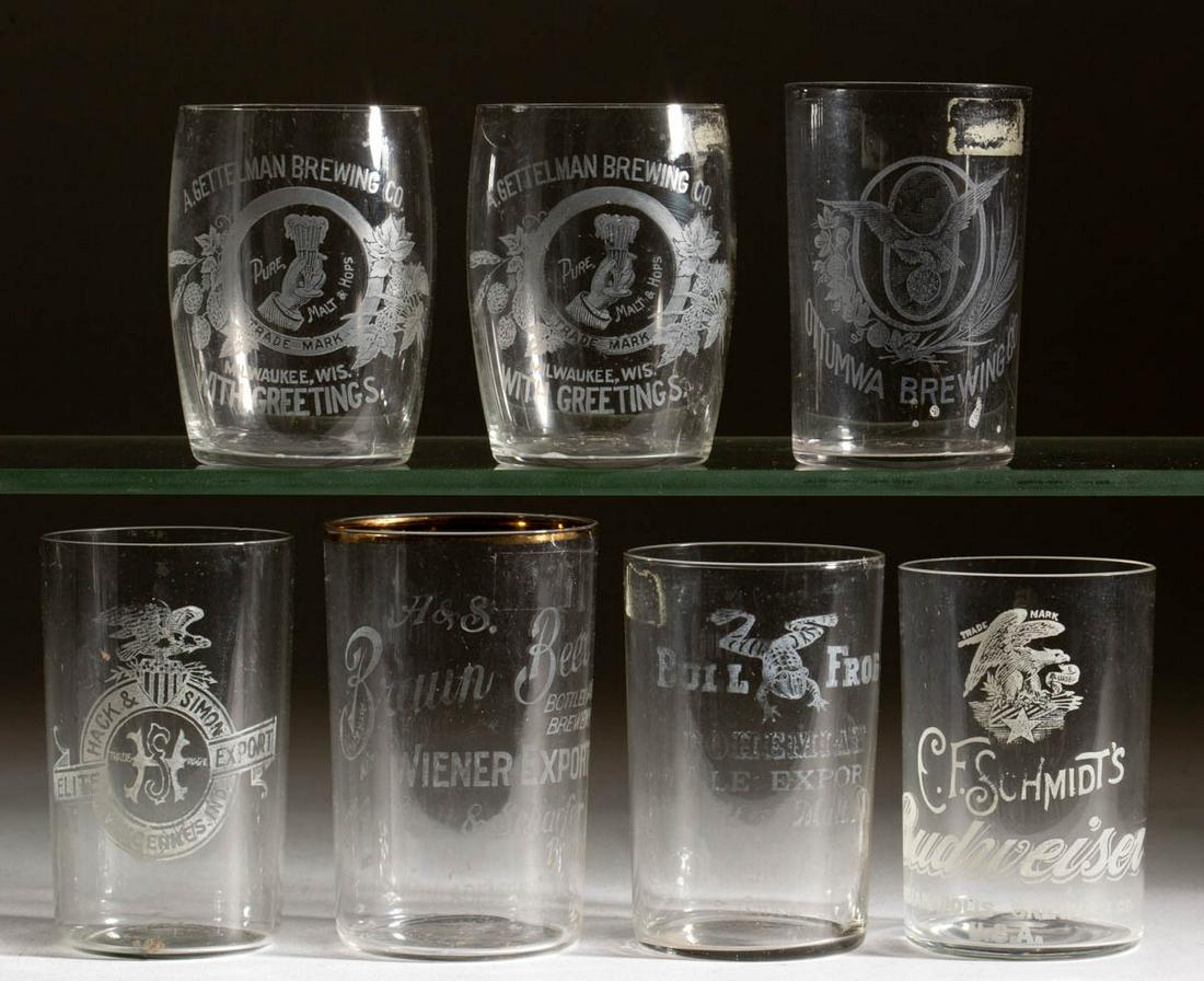 ASSORTED BREWERY ETCHED GLASS PRE-PROHIBITION: ASSORTED BREWERY ETCHED GLASS PRE-PROHIBITION ADVERTISING DRINKING GLASSES, LOT OF SEVEN, colorless, including Ottumwa Brewing Co., A. Gettelman Brewing Co., and H & S Braun Beer. Circa 1910. 3 1/4" t