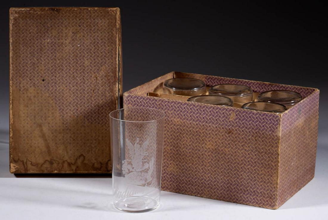 INDIANAPOLIS BREWING CO., PRE-PROHIBITION ETCHED: INDIANAPOLIS BREWING CO., PRE-PROHIBITION ETCHED DRINKING GLASSES, LOT OF SIX, colorless, for "Progress Brand", depicting the figure of an angel. Housed in likely original box. Indianapolis Brewing Co