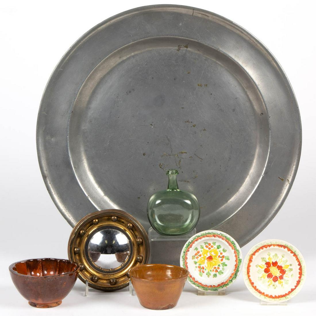 ASSORTED AMERICAN AND CONTINENTAL DOMESTIC ARTICLES,: ASSORTED AMERICAN AND CONTINENTAL DOMESTIC ARTICLES, LOT OF SEVEN, including two hand-painted Leeds cup plates, miniature bullseye mirror, miniature bottle, and pewter charger with engraved monogram o