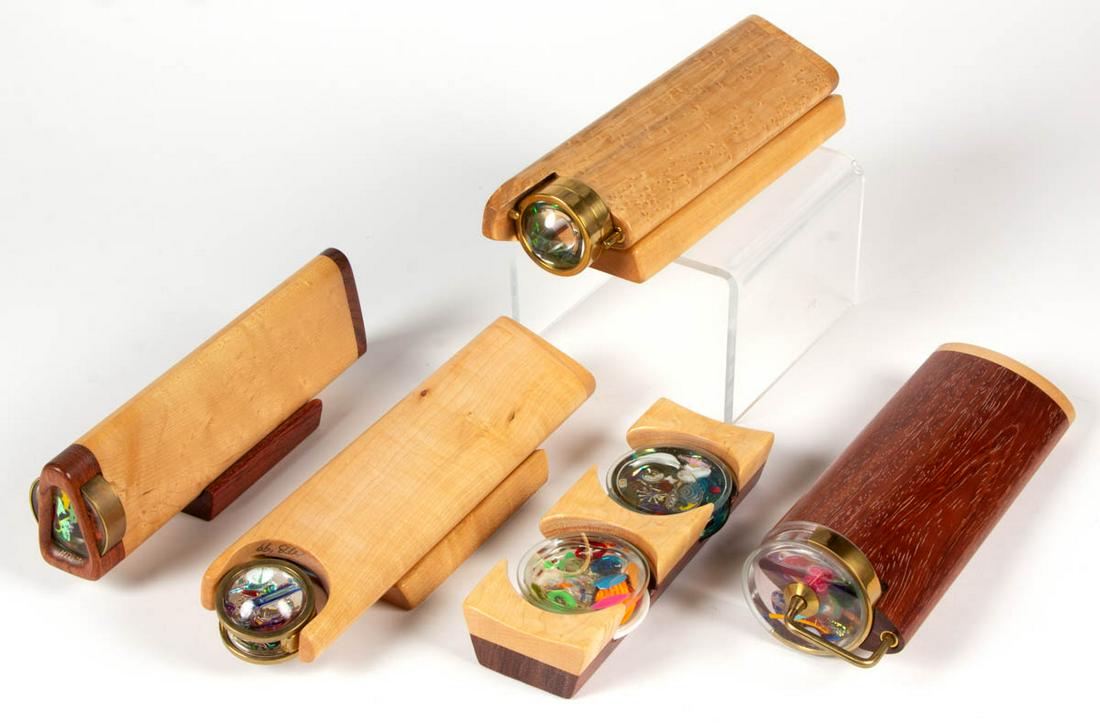 ASSORTED CONTEMPORARY KALEIDOSCOPES, LOT OF FOUR: ASSORTED CONTEMPORARY KALEIDOSCOPES, LOT OF FOUR, no signatures located, each with a custom stand, one example with two interchangeable discs. Circa 2000. Dimensions forthcoming. Very good overall con