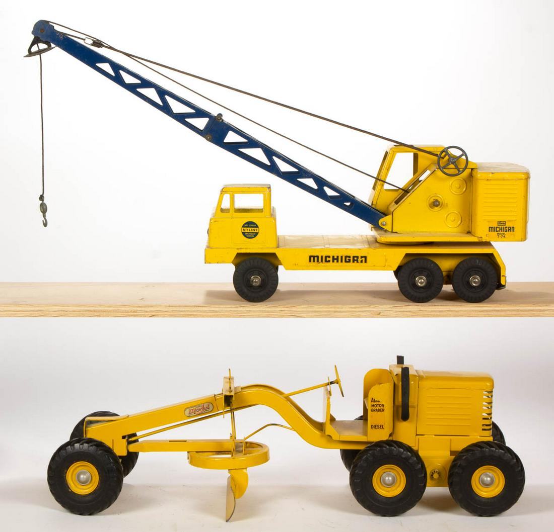 VINTAGE AMERICAN PRESSED-STEEL CONSTRUCTION TOYS, LOT: VINTAGE AMERICAN PRESSED-STEEL CONSTRUCTION TOYS, LOT OF TWO, comprising a Doepke Model Toys Adams Diesel Motor Grader and a Nylint Jumbo Michigan Shovel Crane, each retaining original yellow paint an