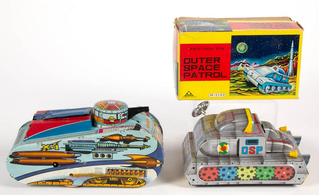 OUTER SPACE TIN LITHOGRAPHED TOY VEHICLES, LOT OF TWO: OUTER SPACE TIN LITHOGRAPHED TOY VEHICLES, LOT OF TWO, comprising Outer Space Patrol Friction Toy with original box by Mitsuhashi, and Rex Mars Planet Patrol by MAR Toy. Rex Mars Planet Patrol lacking