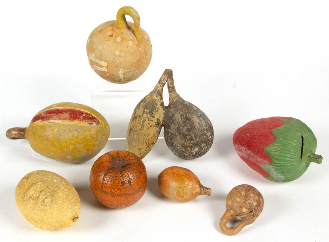 ASSORTED FIGURAL FRUIT ARTICLES, LOT OF EIGHT: ASSORTED FIGURAL FRUIT ARTICLES, LOT OF EIGHT, each having hand-painted decorations, comprising six earthenware examples including a melon and a globular form example with incised star design, five ba