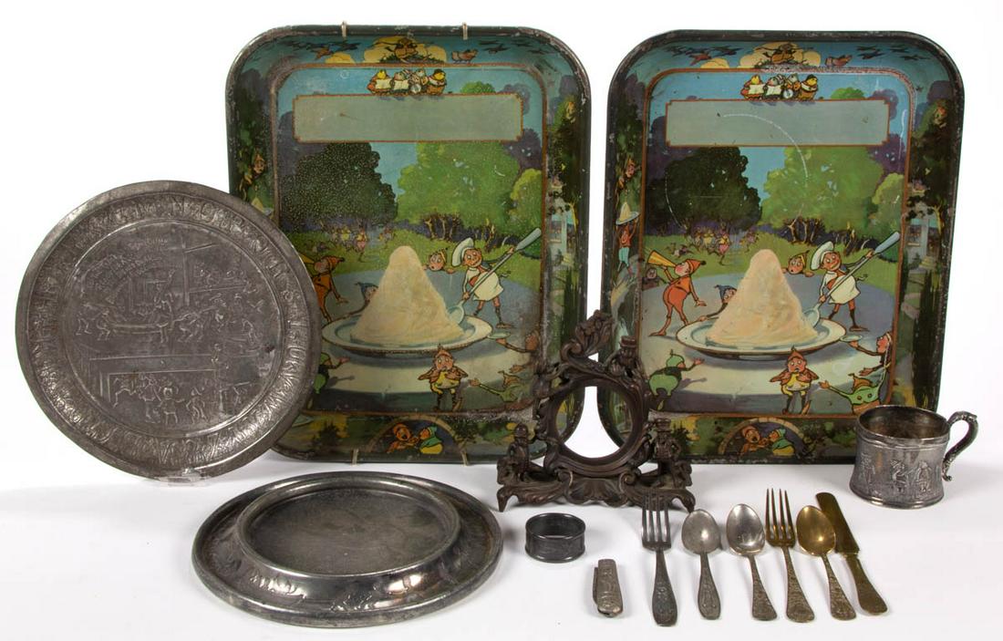 PALMER COX'S BROWNIES METAL ARTICLES, LOT OF 14: PALMER COX'S BROWNIES METAL ARTICLES, LOT OF 14, including a bronze-patinated figural pocket watch holder, two lithographed tin serving trays, a pocket knife, and six pieces of flatware. Late 19th/fir