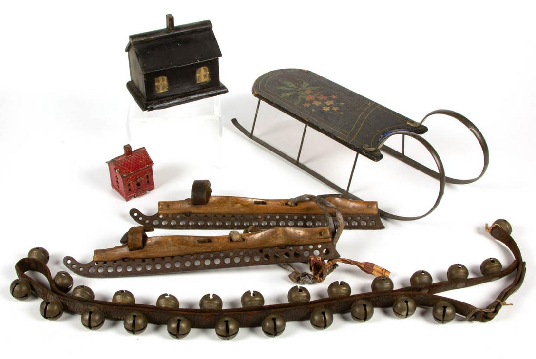 ASSORTED HOLIDAY ARTICLES, LOT OF FIVE: ASSORTED HOLIDAY ARTICLES, LOT OF FIVE, comprising a pair of ice skates, paint-decorated doll sled with floral designs, sleigh bells, and two banks, including one that is cast-iron. Late 19th/first ha