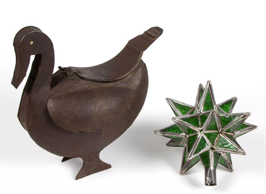 VINTAGE MORAVIAN STAR TREE TOPPER / LIGHT FIXTURE: VINTAGE MORAVIAN STAR TREE TOPPER / LIGHT FIXTURE, each point with four-panels of glass, soldered tin construction. Together with a sheet-metal figural duck. Two pieces total. First half 20th century.
