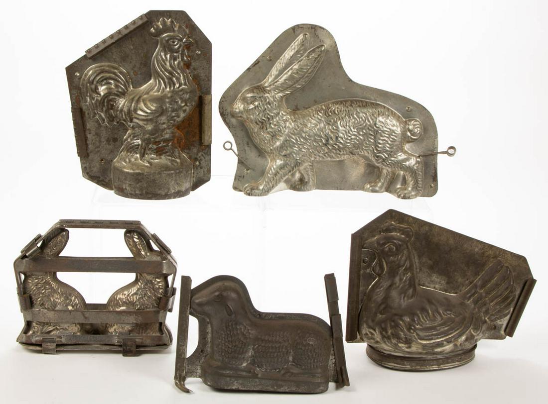 ASSORTED FIGURAL METAL CHOCOLATE / ICE CREAM MOLDS, LOT: ASSORTED FIGURAL METAL CHOCOLATE / ICE CREAM MOLDS, LOT OF FIVE, including rooster stamped "MADE IN U.S.A. / 6184", rabbit stamped "1470", and hen on nest stamped on the underside "FRANCE / 1305". Fir