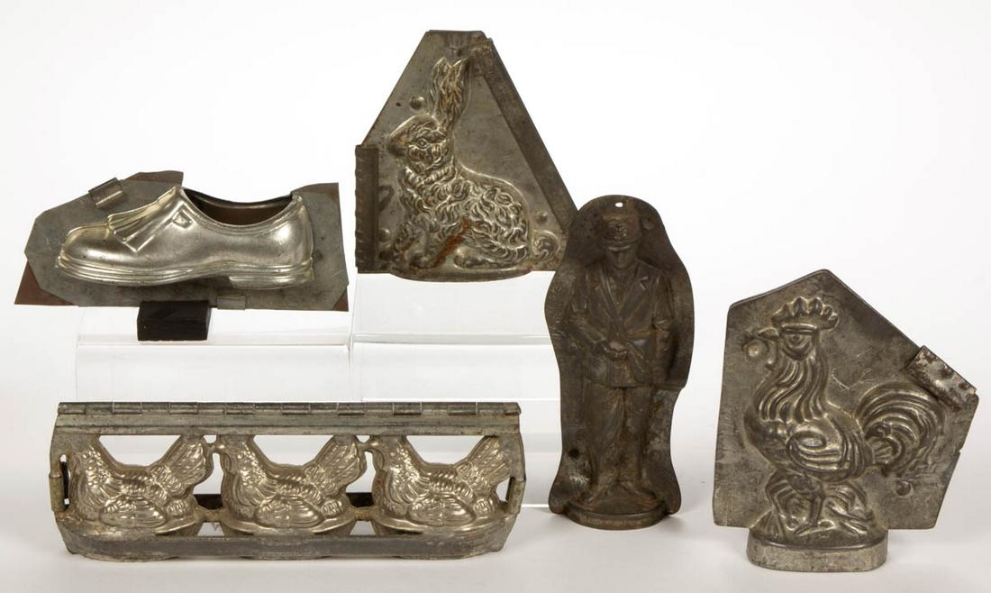 ASSORTED FIGURAL METAL CHOCOLATE / ICE CREAM MOLDS, LOT: ASSORTED FIGURAL METAL CHOCOLATE / ICE CREAM MOLDS, LOT OF FIVE, comprising possible partial coal miner example stamped "22084 S", shoe, rabbit, roster, and hens on nest example. First half 20th centu