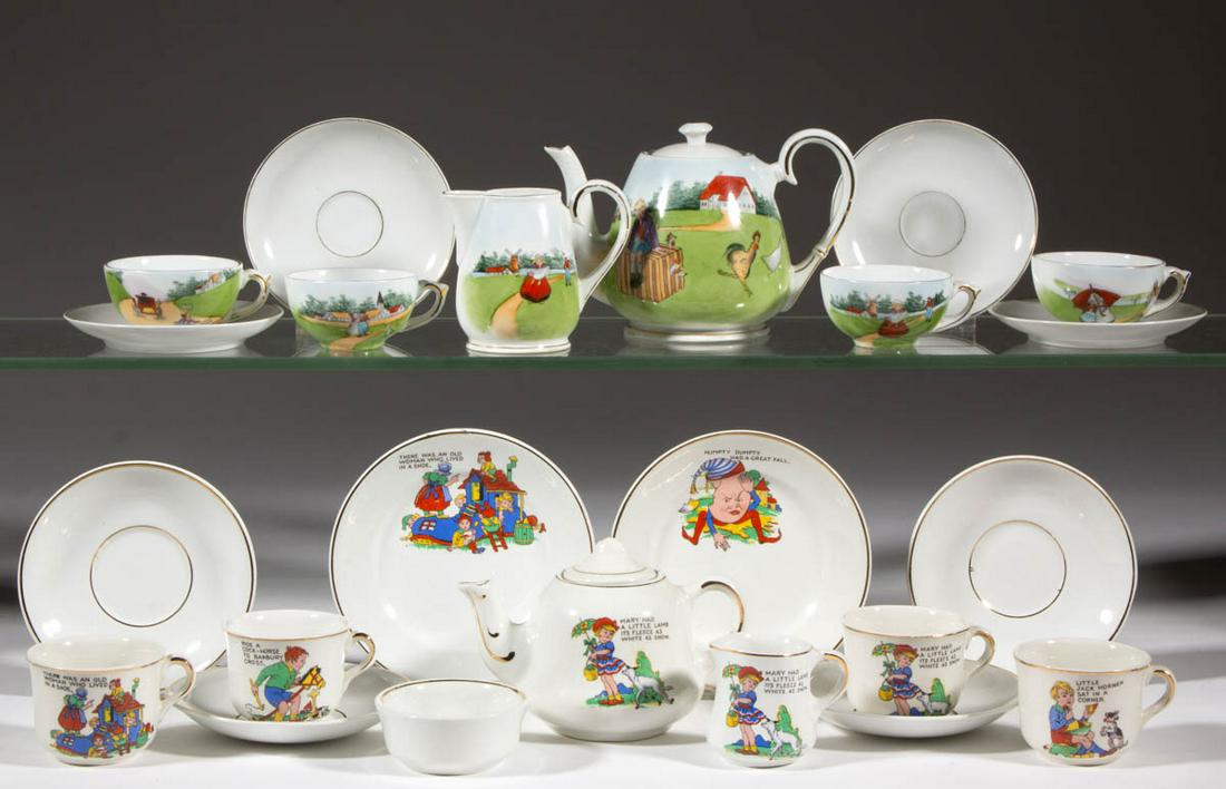 GERMAN PORCELAIN CHILD'S TEA SETS, LOT OF TWO: GERMAN PORCELAIN CHILD'S TEA SETS, LOT OF TWO, comprising a ten-piece set including a teapot, a creamer, and four cup and saucer sets, each having polychrome transfer featuring Dutch children and fowl