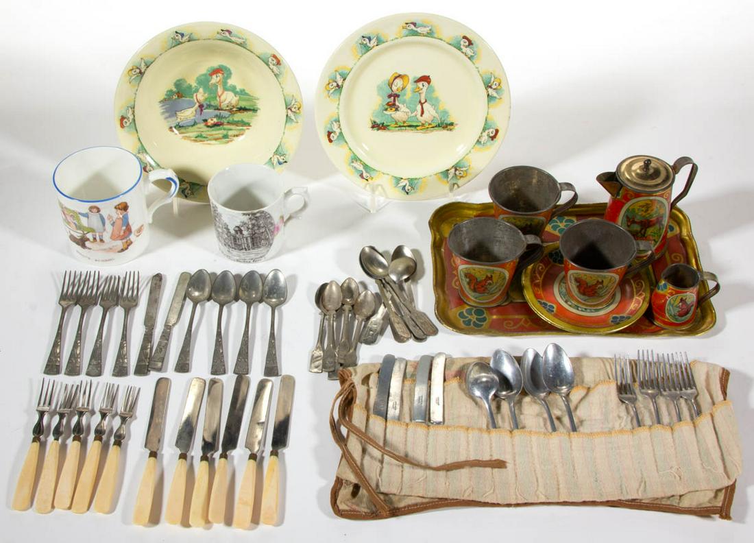 ASSORTED CHILD'S TABLE ARTICLES, LOT OF 59: ASSORTED CHILD'S TABLE ARTICLES, LOT OF 59, including a bowl and plate featuring transfer decals of anthropomorphic ducks, having "Quack- / Quacks / by Robert Barlow / WADE / ENGLAND", a souvenir mug 