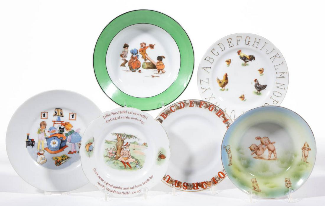 GERMAN PORCELAIN CHILD'S TABLE ARTICLES, LOT OF SIX: GERMAN PORCELAIN CHILD'S TABLE ARTICLES, LOT OF SIX, each having polychrome transfer decal decorations, including a bowl featuring mischievous Kewpies, a plate with "Little Miss Muffet" to center and 