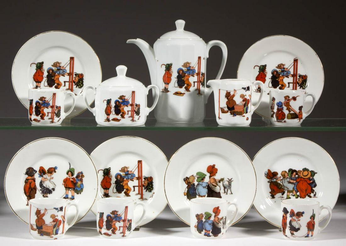 GERMAN PORCELAIN 15-PIECE CHILD'S PARTIAL TEA SET: GERMAN PORCELAIN 15-PIECE CHILD'S PARTIAL TEA SET, comprising a teapot, a covered sugar, a creamer, six cups, and six 5 1/4" D plates, each featuring bold polychrome decals featuring children in a var