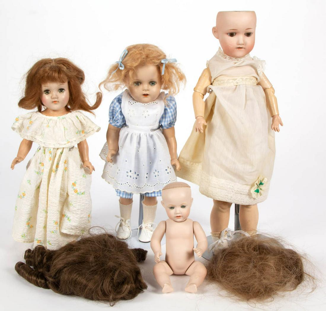 ASSORTED GERMAN AND OTHER BISQUE AND COMPOSITION GIRL: ASSORTED GERMAN AND OTHER BISQUE AND COMPOSITION GIRL DOLLS, LOT OF FOUR, comprising three bisque-head examples, including a Fritz Lutz Nippon No. 1403, sleepy-brown eyes, composition body; a reproduc