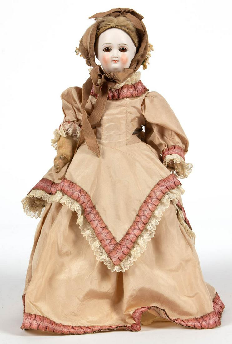 CONTINENTAL BELTON-TYPE BISQUE-HEAD FASHION LADY DOLL: CONTINENTAL BELTON-TYPE BISQUE-HEAD FASHION LADY DOLL, solid dome socket head, no markings, fixed-brown glass eyes, painted facial features including eyebrows and a pink closed mouth, original short b