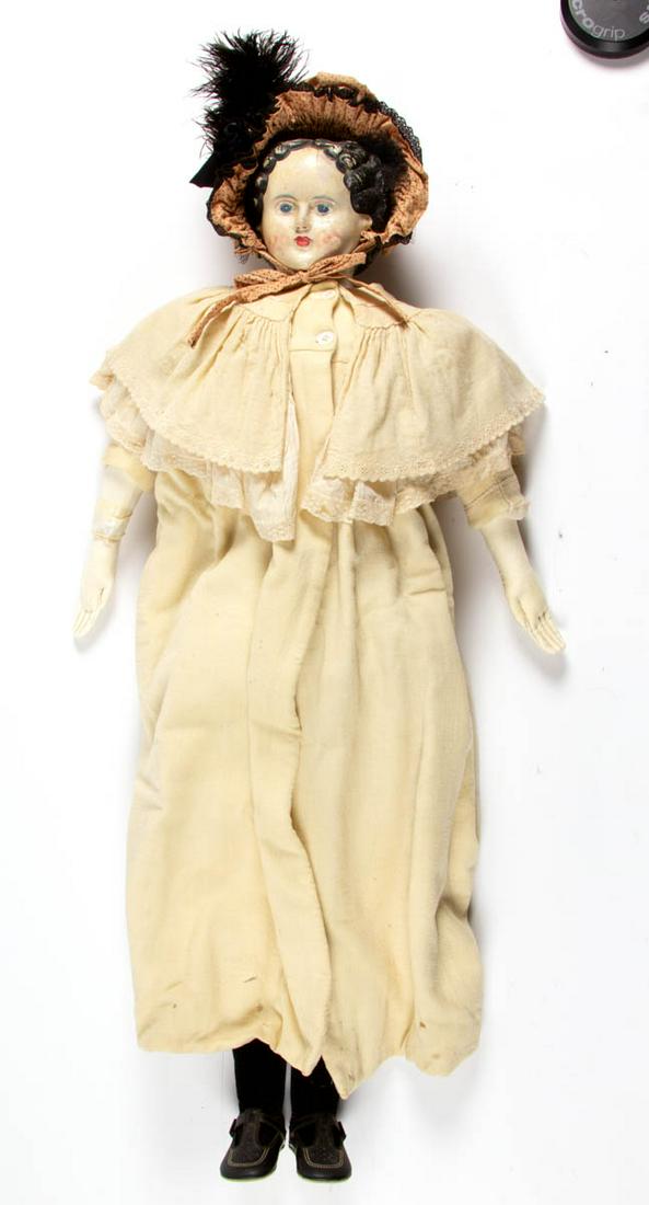 AMERICAN GREINER PAPER MACHE'-HEAD / COMPOSITION LARGE: AMERICAN GREINER PAPER MACHE'-HEAD / COMPOSITION LARGE LADY DOLL, shoulder plate head, painted facial features including blue eyes, eyebrows, eyelashes and pink closed mouth, cloth body with joints at