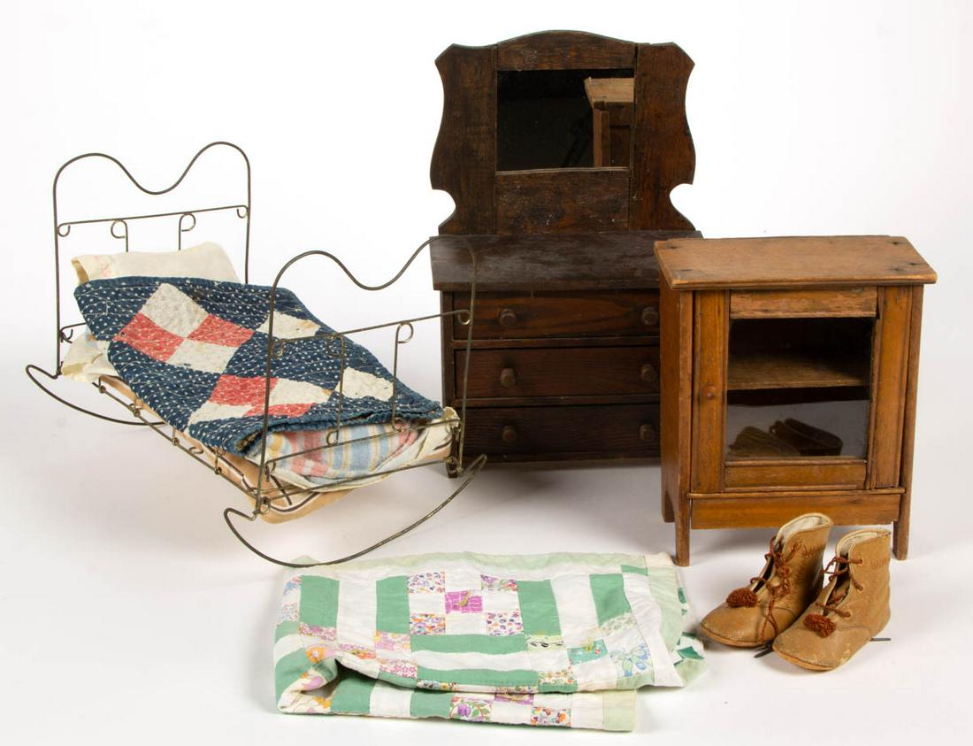 ASSORTED ANTIQUE AND VINTAGE DOLL FURNITURE AND: ASSORTED ANTIQUE AND VINTAGE DOLL FURNITURE AND ACCESSORIES, LOT OF SEVEN, including chest of drawers with mirror, and wire framed bed. First half 20th century. Chest with Mirror 14" HOA, 9 1/4" W, 5"