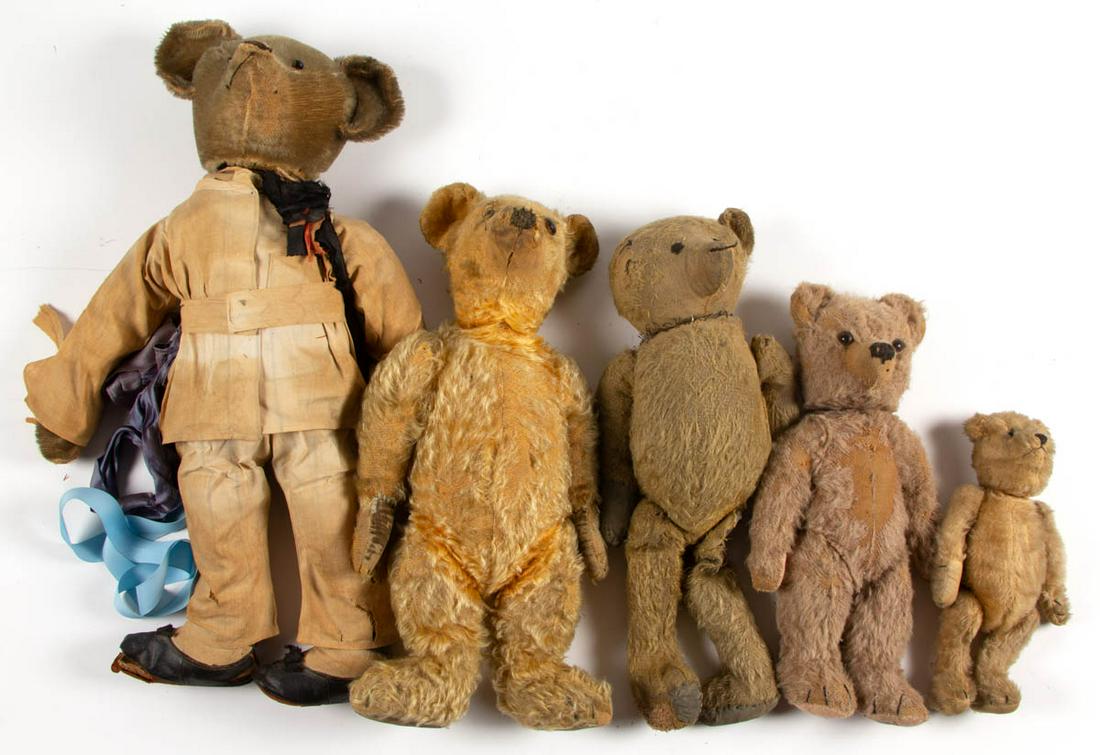 ASSORTED ANTIQUE / VINTAGE STUFFED ANIMAL TEDDY BEARS,: ASSORTED ANTIQUE / VINTAGE STUFFED ANIMAL TEDDY BEARS, LOT OF FIVE, including Chad Valley example, and one stuffed with hay. Fourth quarter 19th/mid 20th century. Chad Valley 13" H. Fair to good as-fo