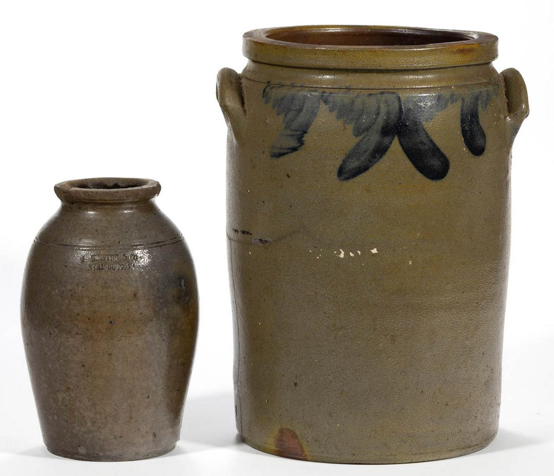 STAMPED STRASBURG, SHENANDOAH VALLEY OF VIRGINIA: STAMPED STRASBURG, SHENANDOAH VALLEY OF VIRGINIA DECORATED STONEWARE JARS, LOT OF TWO, salt-glazed, comprising a "J. KEISTER & CO / STRASBURG, VA" example, approximately half-gallon capacity, having g
