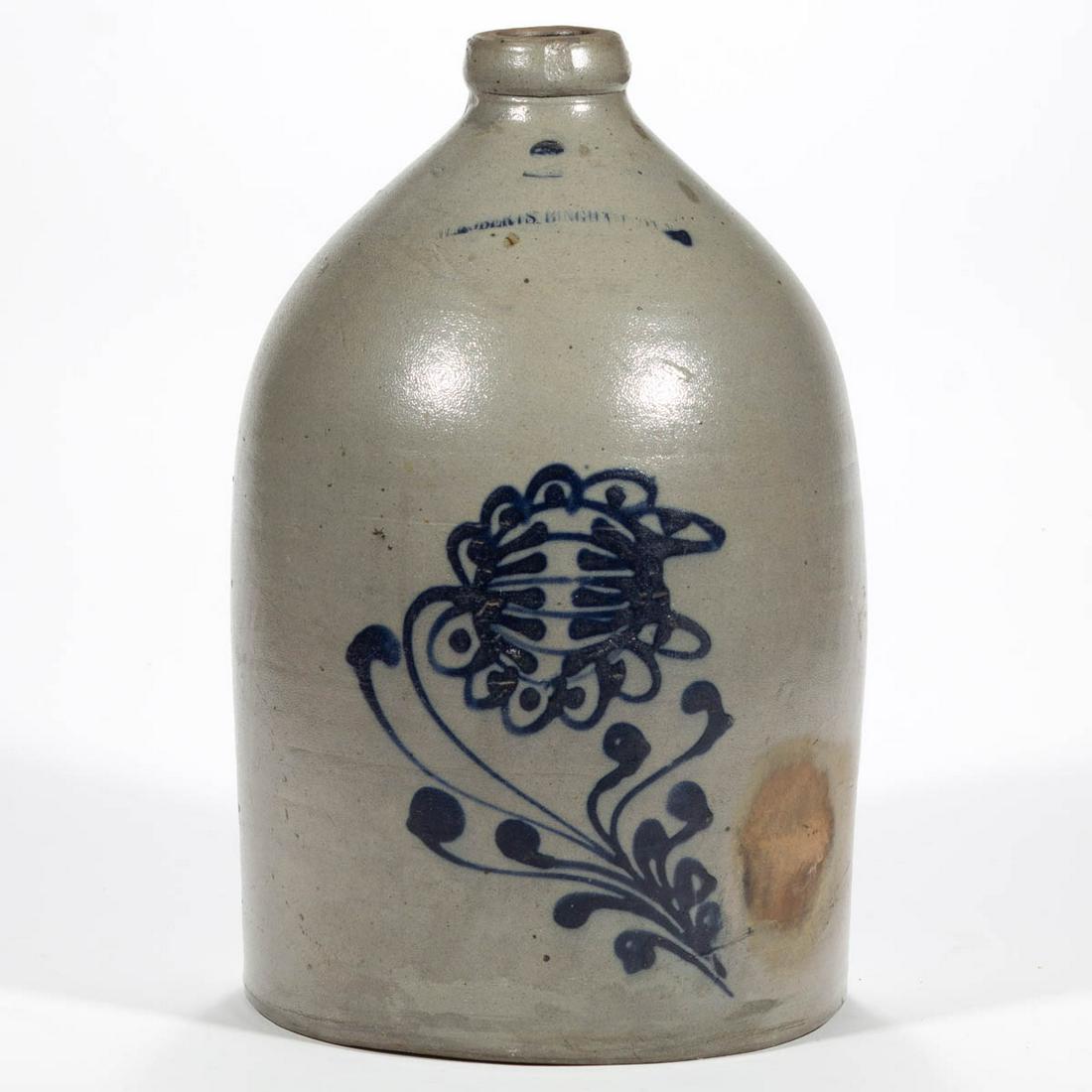 STAMPED "W. ROBERTS. BINGHAMTON. NY", NEW YORK: STAMPED "W. ROBERTS. BINGHAMTON. NY", NEW YORK DECORATED STONEWARE JUG, salt-glazed, "2" gallon capacity mark, beehive form with strap handle. Slip-trailed cobalt flower decoration, additional cobalt
