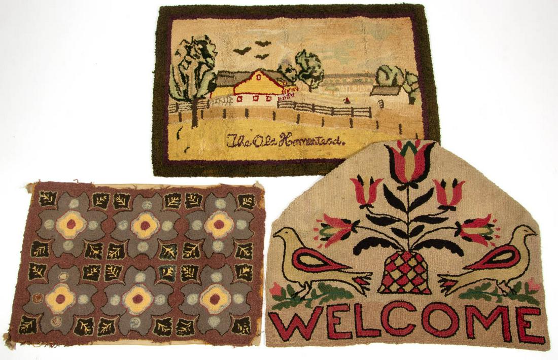 AMERICAN FOLK ART FIGURAL / FLORAL HOOKED RUGS, LOT OF: AMERICAN FOLK ART FIGURAL / FLORAL HOOKED RUGS, LOT OF THREE, mixed fabric on burlap, including "WELCOME" example with tulips and birds, and one depicting a farmhouse titled "The Old Homestead". Old H