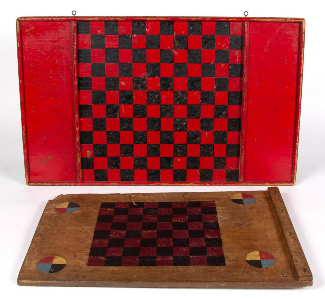 AMERICAN PAINTED POPLAR AND PINE GAMEBOARDS, LOT OF TWO: AMERICAN PAINTED POPLAR AND PINE GAMEBOARDS, LOT OF TWO, comprising a double-sided example, with the reverse side incomplete, and a rectangular form with applied wooden moldings. First half 20th centu