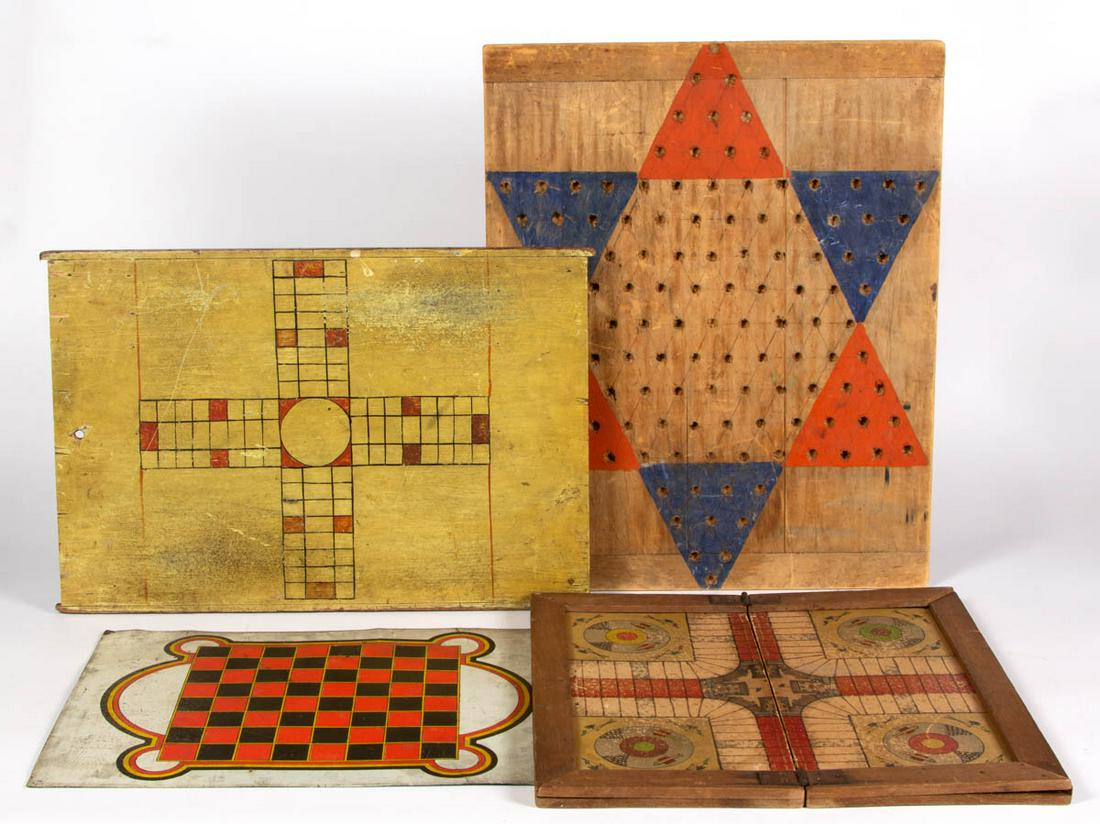 ASSORTED AMERICAN GAMEBOARDS, LOT OF FOUR: ASSORTED AMERICAN GAMEBOARDS, LOT OF FOUR, including Chinese Checkers example with alternating painted orange and blue pieces, possibly made from a bread board. First half 20th century. Chinese Checke