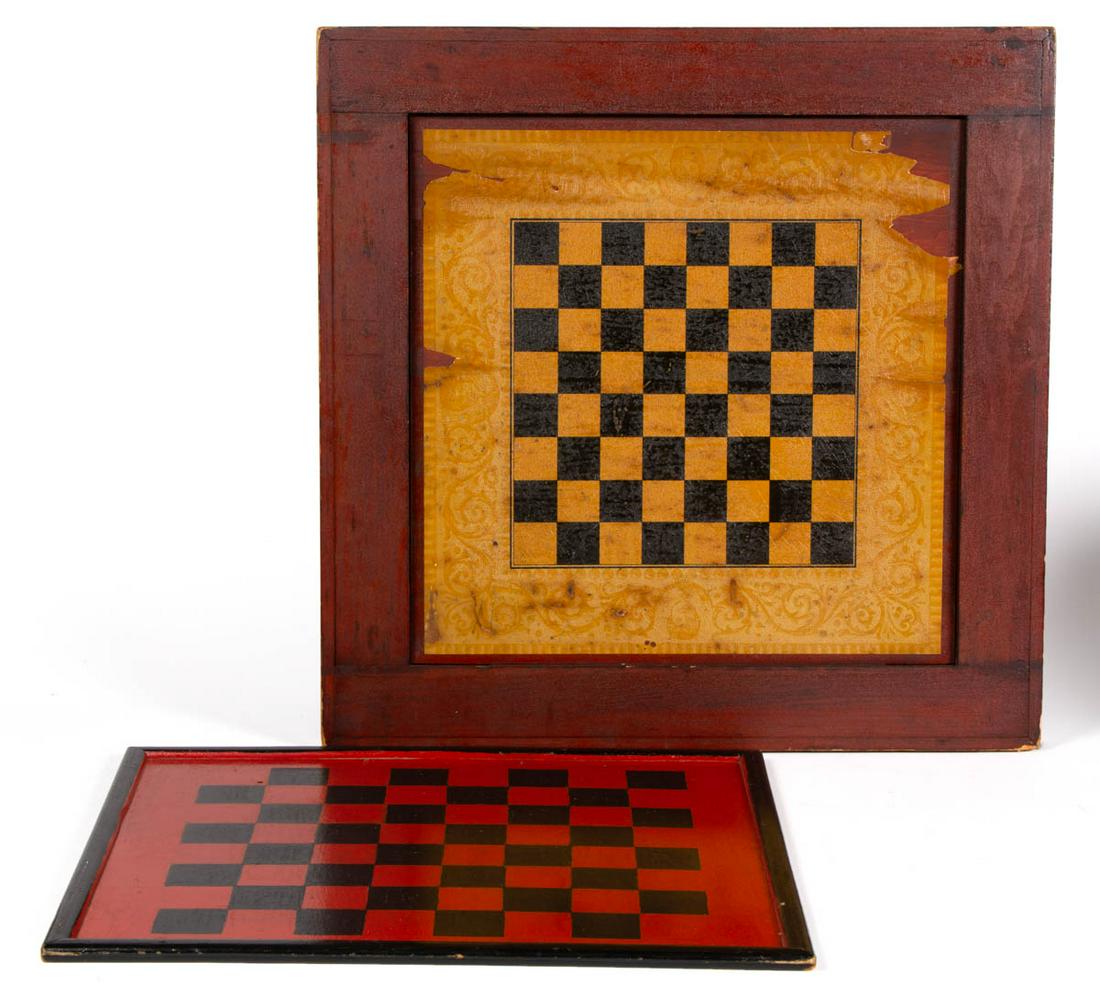ASSORTED FOLK ART GAMEBOARDS, LOT OF TWO: ASSORTED FOLK ART GAMEBOARDS, LOT OF TWO, comprising a painted example with alternating red and black squares, and a double-sided example. 20th century. Painted 20" x 22". Good overall condition, doub