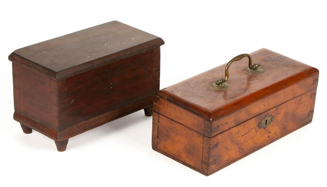 AMERICAN PINE AND POPLAR DIMINUTIVE BOX: AMERICAN PINE AND POPLAR DIMINUTIVE BOX, rectangular dovetailed form with hinged lid and turned feet, retaining traces of early red wash. Together with a dovetailed hardwood box in old surface having 