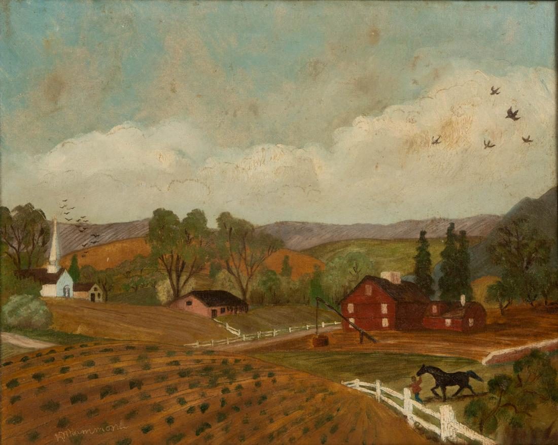 AMERICAN SCHOOL (EARLY 20TH CENTURY) FOLK ART FARM: AMERICAN SCHOOL (EARLY 20TH CENTURY) FOLK ART FARM SCENE, oil on canvas, church, dwellings, and figure walking a black horse in a pasture, rolling hills in the background, signed "KM Hammond" lower le