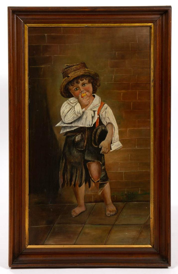 AMERICAN SCHOOL (EARLY 20TH CENTURY) FOLK ART PORTRAIT: AMERICAN SCHOOL (EARLY 20TH CENTURY) FOLK ART PORTRAIT OF A BOY, oil on canvas, after John George Brown (1831-1913) full-length depiction of a figure in tattered clothes and straw hat on a city street