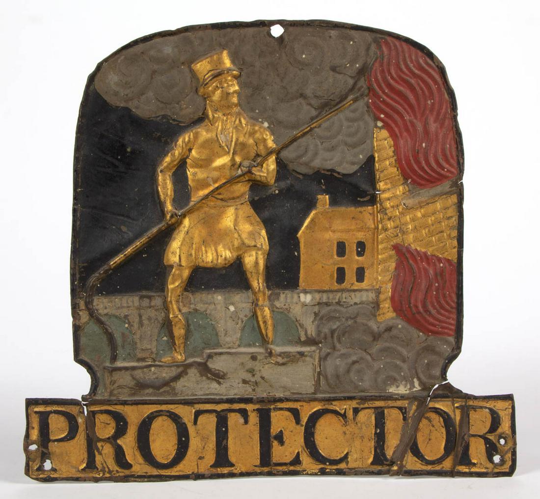 BRITISH STAMPED AND PAINTED COPPER FIRE INSURANCE MARK: BRITISH STAMPED AND PAINTED COPPER FIRE INSURANCE MARK, depicting a fireman with hose fighting a fire above "PROTECTOR". Original painted and gilded surface. Circa 1825. 9" x 9 1/2" OA. Good as-found 