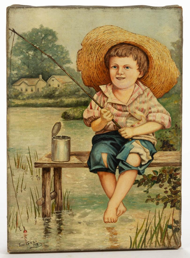 AMERICAN SCHOOL (20TH CENTURY) FOLK ART PORTRAIT OF A: AMERICAN SCHOOL (20TH CENTURY) FOLK ART PORTRAIT OF A YOUNG BOY, depicting a young boy in country attire, and fishing next to an open can, signed and dated "Fred Gass / 1918". Unframed. Dated 1918. 14