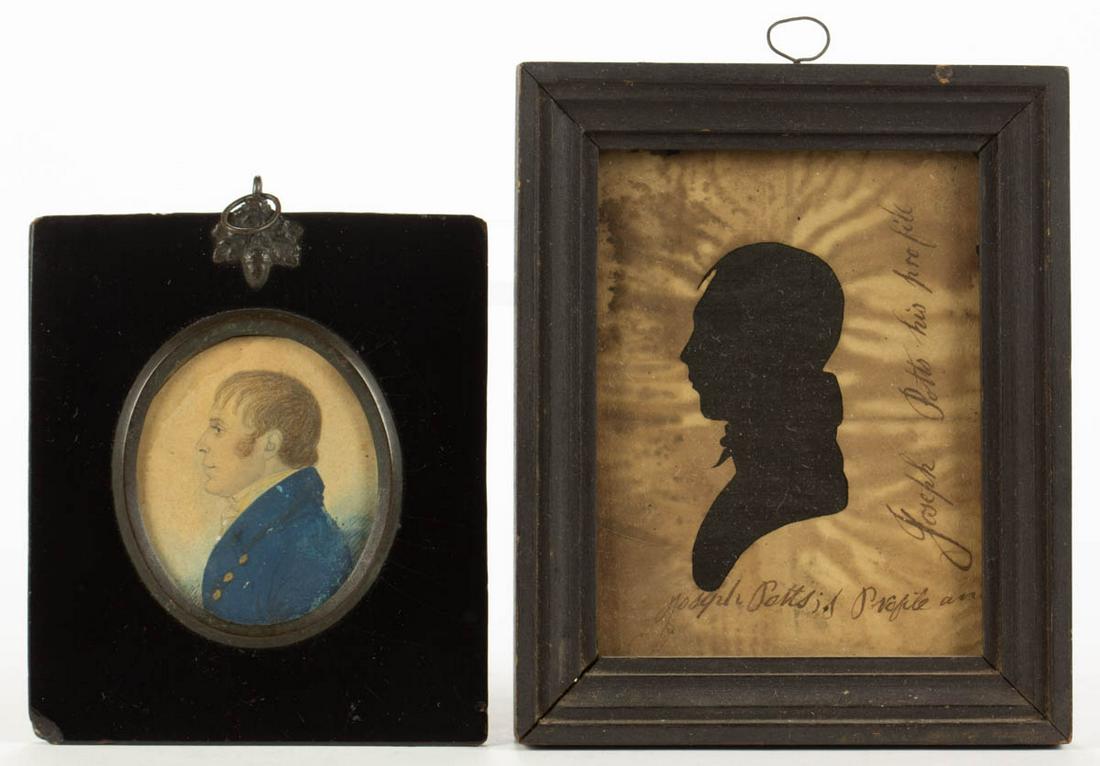 AMERICAN OR BRITISH SCHOOL (19TH CENTURY) FOLK ART: AMERICAN OR BRITISH SCHOOL (19TH CENTURY) FOLK ART MINIATURE PORTRAIT OF A MAN, watercolor on paper, subject in profile wearing blue coat with brass buttons, no signature located. Housed in a period e