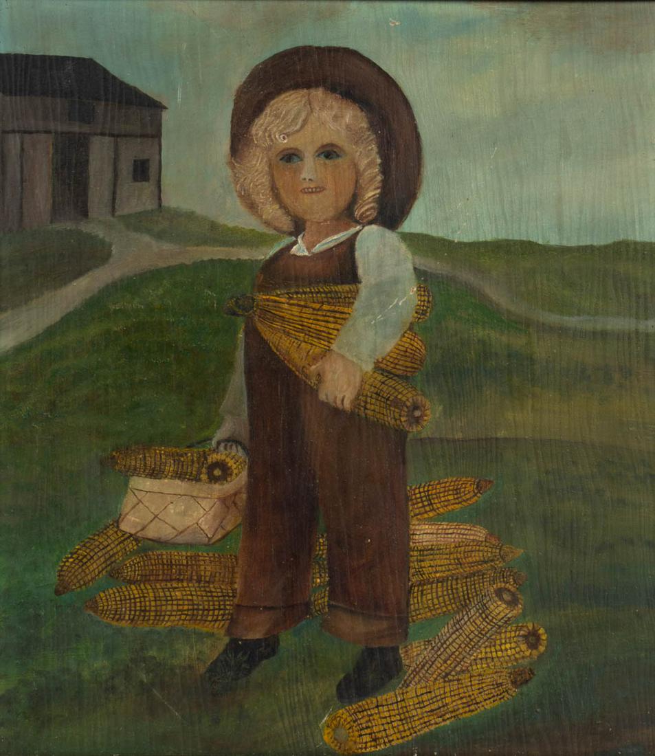 AMERICAN SCHOOL (20TH CENTURY) FOLK ART PORTRAIT OF A: AMERICAN SCHOOL (20TH CENTURY) FOLK ART PORTRAIT OF A BOY, oil on plywood panel, primitive full-length depiction of a farm boy holding ears of corn and a basket, signed and inscribed "No. 3 / Nellie E