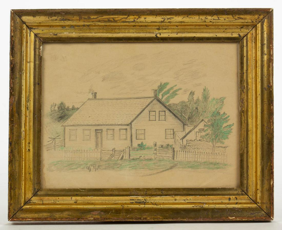 AMERICAN SCHOOL (19TH CENTURY) FOLK ART HOUSE DRAWING: AMERICAN SCHOOL (19TH CENTURY) FOLK ART HOUSE DRAWING, pencil on paper, according to an inscribed note on the back, "drawing, signed / founded in historic home in Darven, Conn.", signed in lower left 