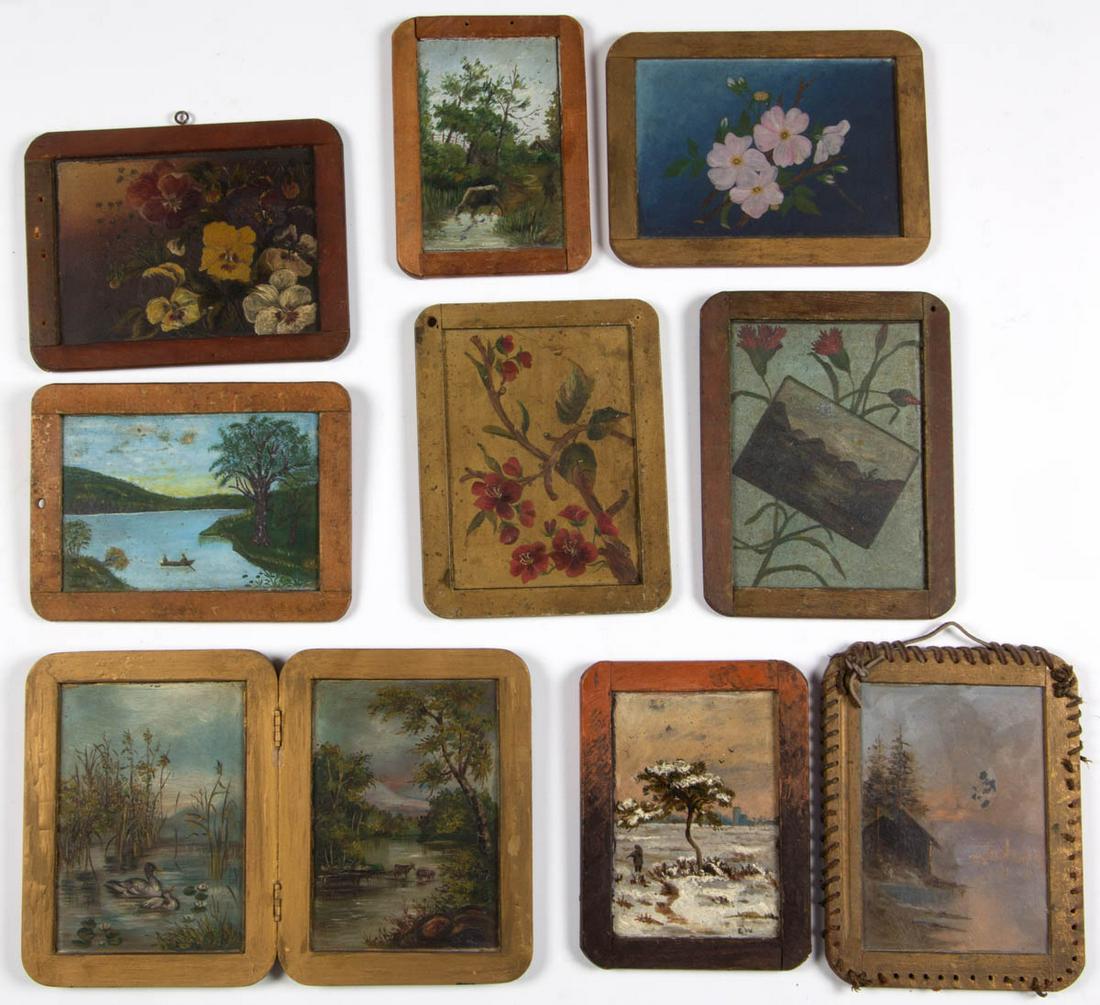 AMERICAN SCHOOL (LATE 19TH CENTURY) FOLK ART CHALKBOARD: AMERICAN SCHOOL (LATE 19TH CENTURY) FOLK ART CHALKBOARD PAINTINGS, LOT OF NINE, oil on slate, including one depicting petunias, and a double-sided example with one slate depicting ducks on the pond an