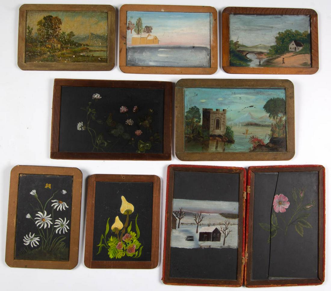 AMERICAN SCHOOL (LATE 19TH CENTURY) FOLK ART CHALKBOARD: AMERICAN SCHOOL (LATE 19TH CENTURY) FOLK ART CHALKBOARD PAINTINGS, LOT OF EIGHT, oil on slate, including mushrooms, floral, and landscape examples. Late 19th/first half 20th century. Mushrooms 9 1/4" 