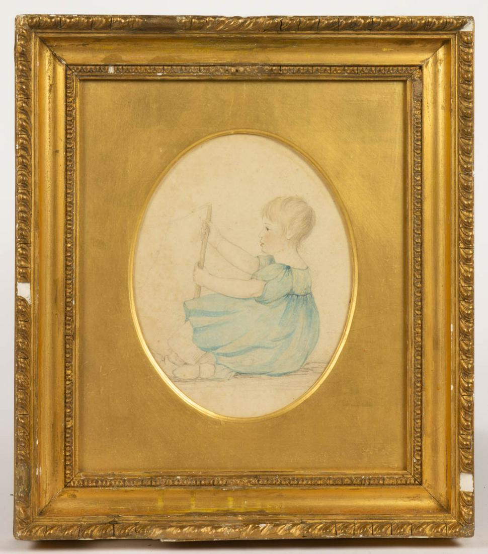 AMERICAN OR BRITISH SCHOOL (19TH CENTURY) PORTRAIT OF A: AMERICAN OR BRITISH SCHOOL (19TH CENTURY) PORTRAIT OF A CHILD, watercolor and pencil on paper, profile depiction of a seated boy in blue dress, no signature located. Housed under glass in a 19th-centu