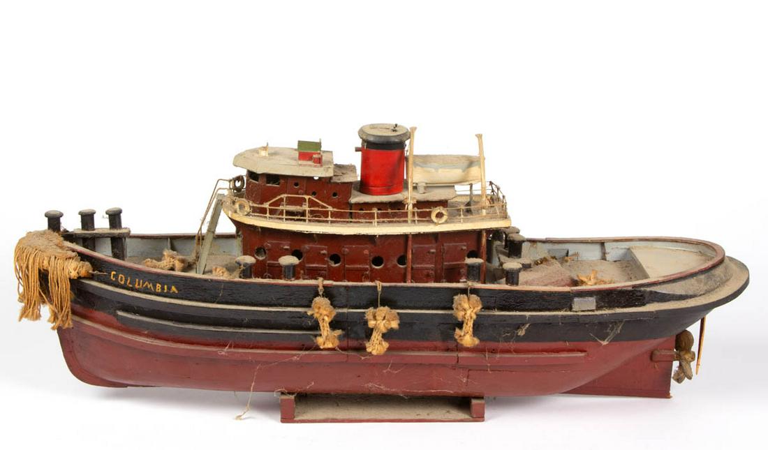 AMERICAN FOLK ART SHIP MODEL: AMERICAN FOLK ART SHIP MODEL, marked "COLUMBIA", retaining likely original polychrome surface. Mid 20th century. 10 1/2" HOA, 26 1/2" LOA.Good overall as-found condition with minor expected wear, brea