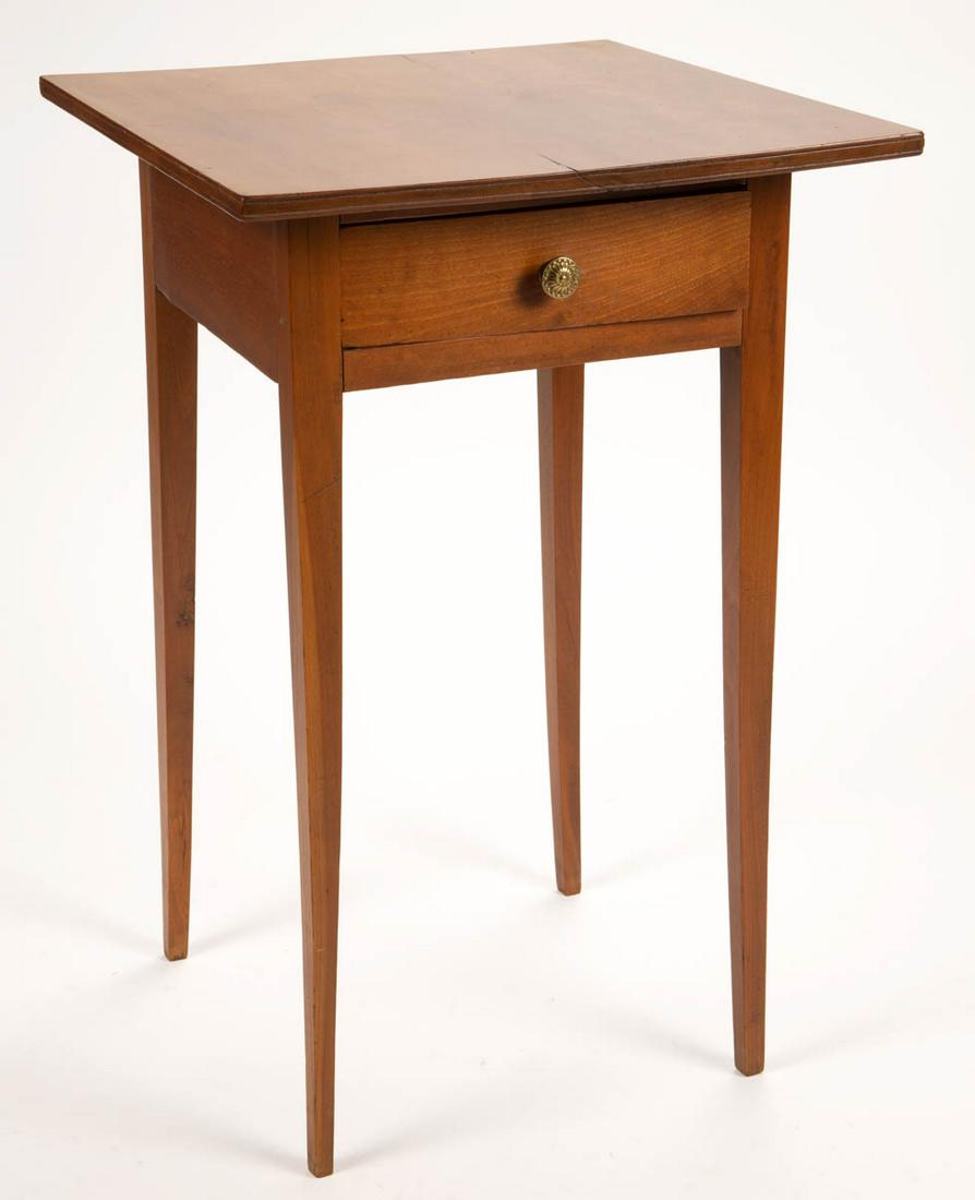 NEW ENGLAND FEDERAL CHERRY STAND TABLE: NEW ENGLAND FEDERAL CHERRY STAND TABLE, one-board top with scratch-beaded edge over a single drawer raised on slender square-tapered legs. Pine secondary wood. Old refinished surface with warm color. 