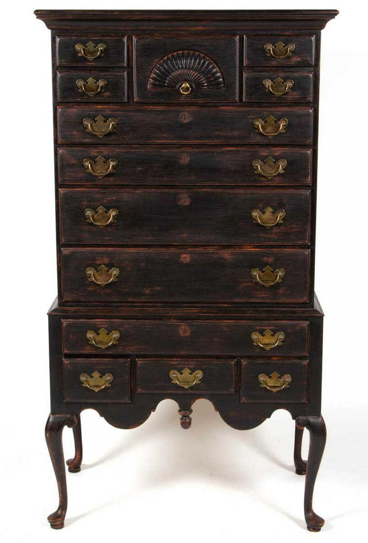 DIXIE FURNITURE QUEEN ANNE-STYLE HIGHBOY: DIXIE FURNITURE QUEEN ANNE-STYLE HIGHBOY, stamped on the back "DIXIE 202-313 / HIGHBOY / MADE IN USA", retains painted antiqued surface. Second half 20th century. 62 1/2" H, 34" W, 18 1/2" D. Very goo