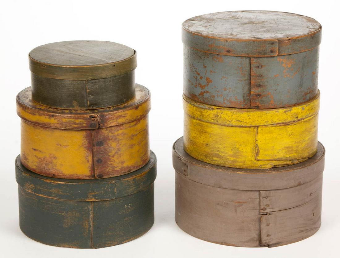 AMERICAN COUNTRY BENTWOOD PANTRY BOXES, LOT OF SIX: AMERICAN COUNTRY BENTWOOD PANTRY BOXES, LOT OF SIX, each covered circular form of lapped construction, including one marked "Soda" and "Sugar". Old painted surfaces. 19th century. 2 1/2" to 4 3/4" H. 