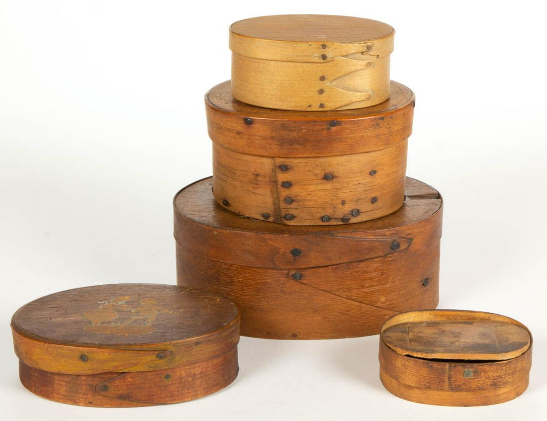AMERICAN BENTWOOD PANTRY BOXES, LOT OF FIVE: AMERICAN BENTWOOD PANTRY BOXES, LOT OF FIVE, each covered oval form, including one with illegible signature inscribed on top. Dry natural surface. 19th century. 1" to 2 1/2" H. Good to very good overa