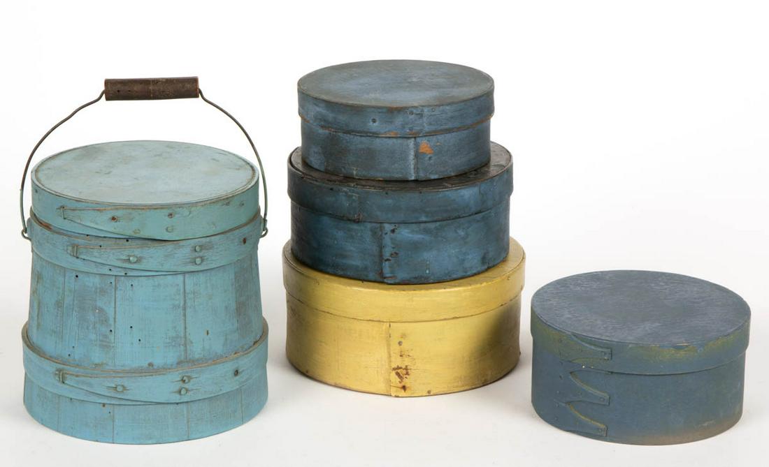 AMERICAN PAINTED BENTWOOD PANTRY BOXES, LOT OF FOUR: AMERICAN PAINTED BENTWOOD PANTRY BOXES, LOT OF FOUR, each lidded, circular form, with lapped construction, including one with stenciled decoration. Three with old painted surfaces, one with later blue